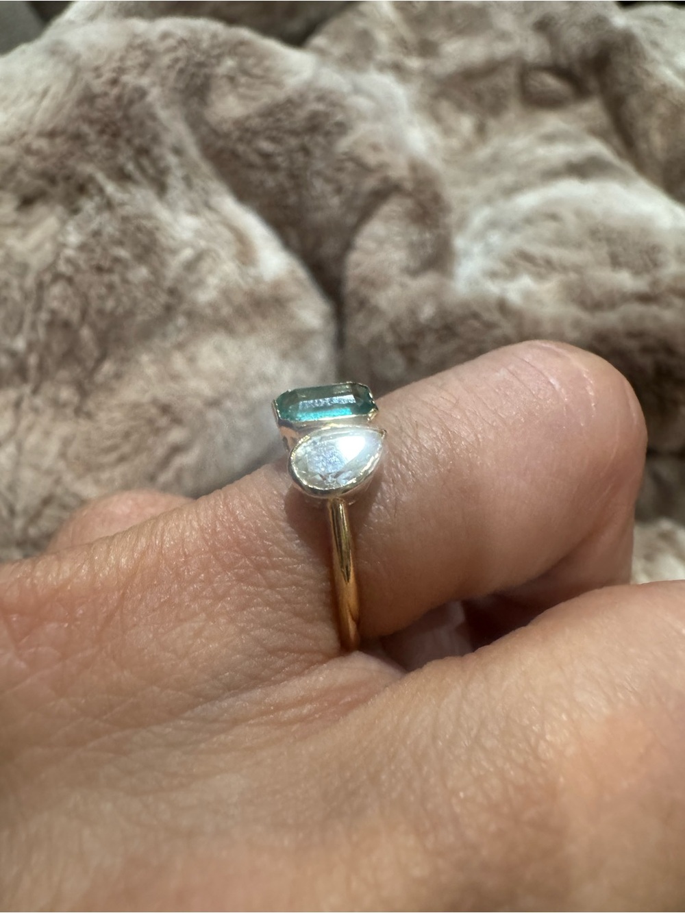 14K Yellow Gold Natural Emerald & Pear Cut Diamond Toi Et Moi Ring Size 6.5 - Picture 8 of 14